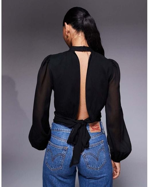 ASOS Blue High Neck Tie Back Crinkle Top