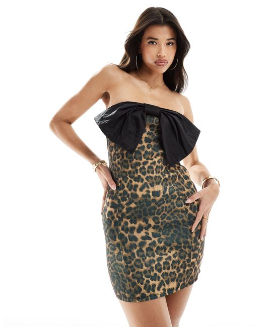 ASOS Black – trägerloses minikleid im leopardenmuster mit übergroßer schleife