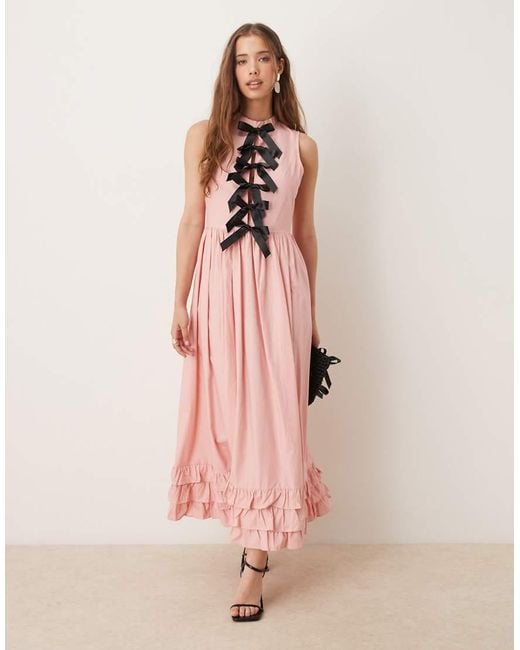 Sister Jane Pink Contrast Bow Ruffle Midaxi Dress