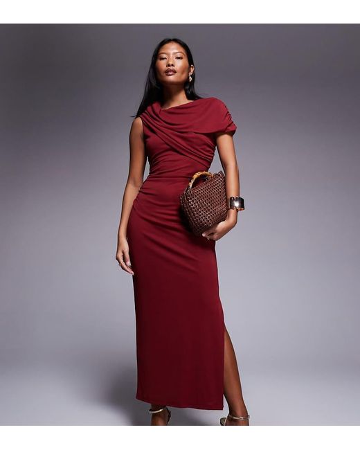 Forever New Red Petite Mesh Ruched Cape Shoulder Detail Midi Dress