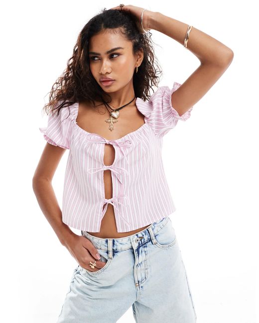 Reclaimed (vintage) White Puff Sleeve Top With Tie Front