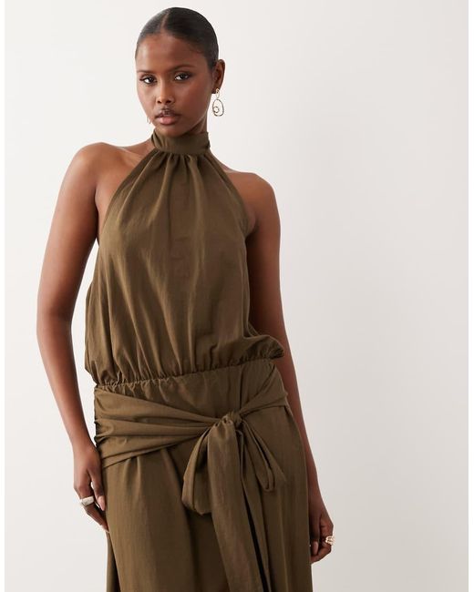 ASOS Natural Linen Look Halter Neck Bubble Hem Maxi Dress