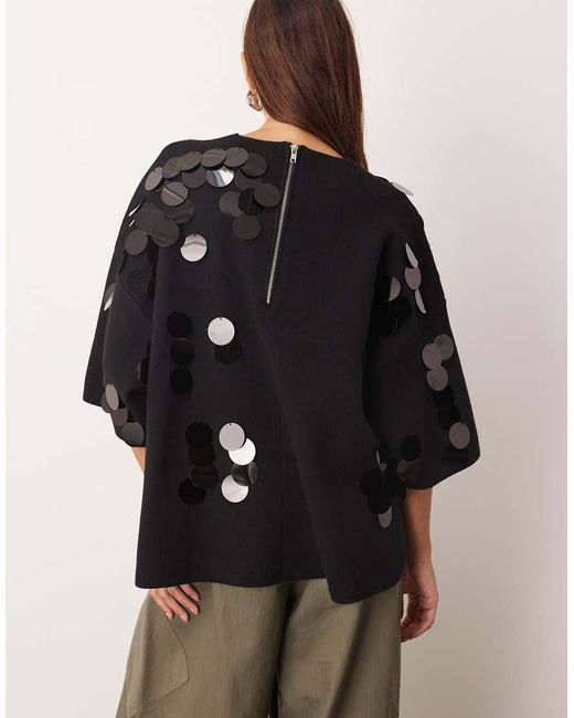 ARRANGE Brown Compact Knit Disc Sequin Tee
