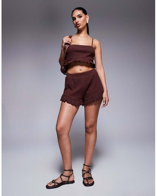 ASOS Brown Co-ord Crinkle Frill Hem Crop Top