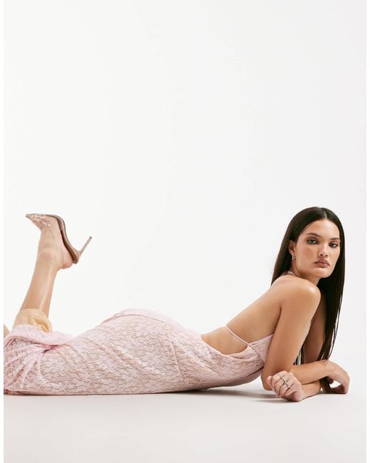 I.AM.GIA White Irisia Lace Plunge Halterneck Backless Thigh Split Maxi Dress