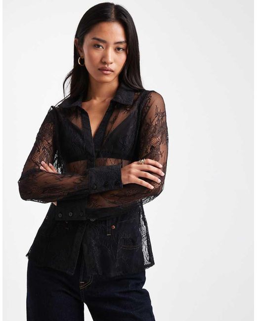 Camisa Negra Entallada De Encaje De Miss Selfridge de color Black