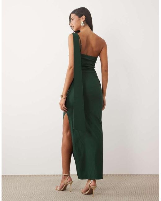 TFNC London Green Bengaline One Shoulder Draped Maxi Dress