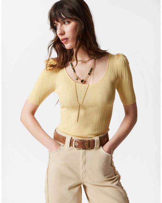 & Other Stories Metallic Knit Mixed Ribbed Top With Scoop Neck And Puff Sleeves