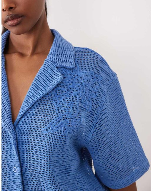 ASOS Blue Open Knit Revere Shirt Co-Ord With Cornelli Detail