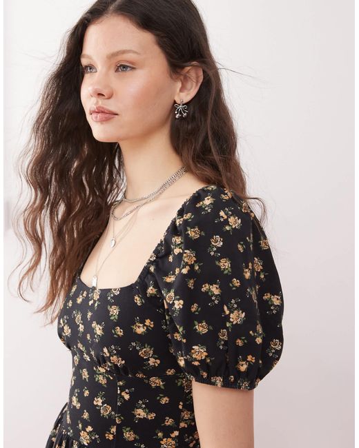 Miss Selfridge Black Milkmaid Puff Sleeve Mini Dress