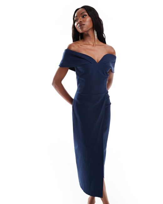 Vesper Blue Bengaline Bardot Sweetheart Neck Wrap Midaxi Dress