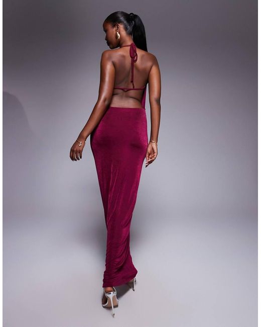 Aria Cove Purple Double Layered Slinky Deep Cowl Neck Open Tie Back Maxi Dress