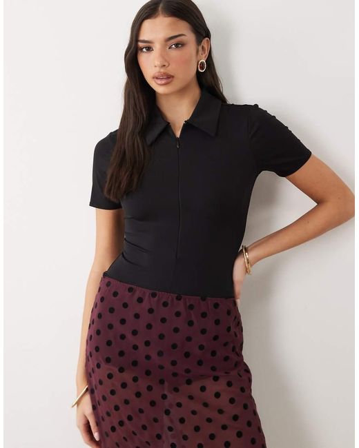 GOOD AMERICAN Black Weightless Collared Zip Down Bodysuit