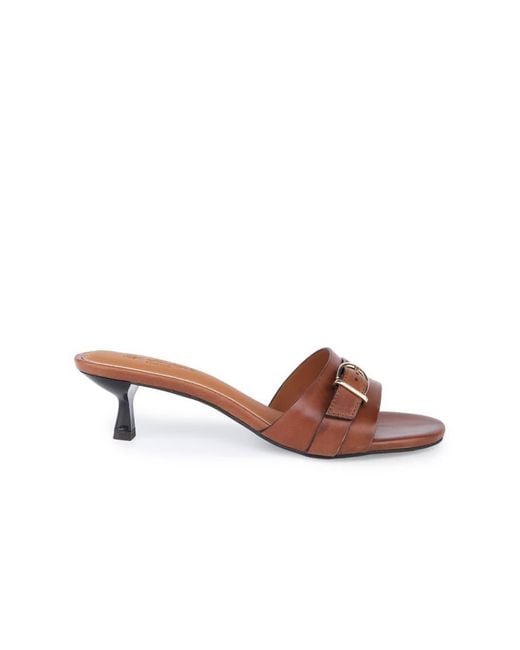 OFF THE HOOK Brown Jackie Leather Kitten Heel Mule Sandals With Buckle Detail