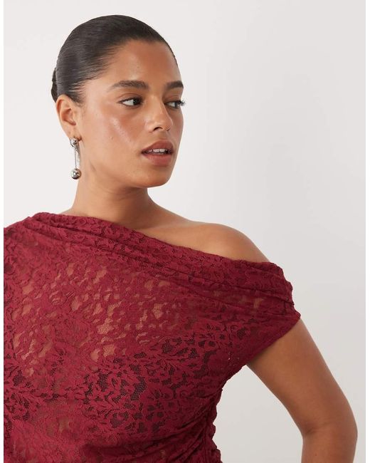 ASOS Red Asos Design Curve Sheer Lace Ruched Asym Top