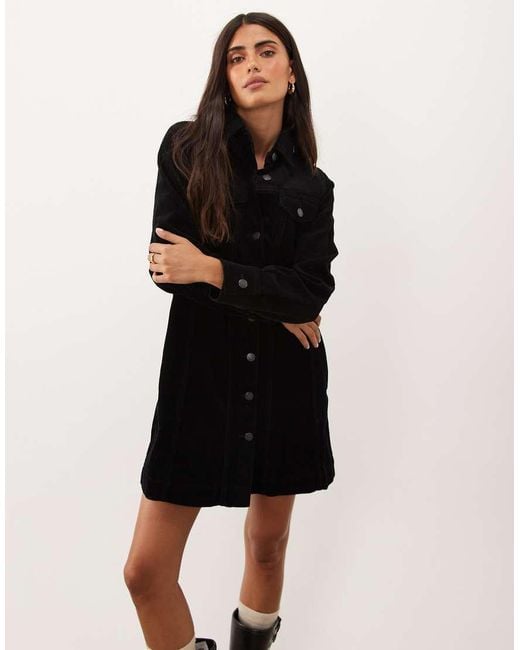 Nobody's Child Black Sheena Cotton Cord Button Down Long Sleeve Shirt Dress