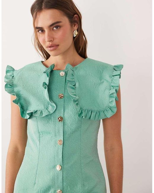 Ghospell Green Jacquard Oversized Ruffle Trim Collar Sleeveless Mini Dress