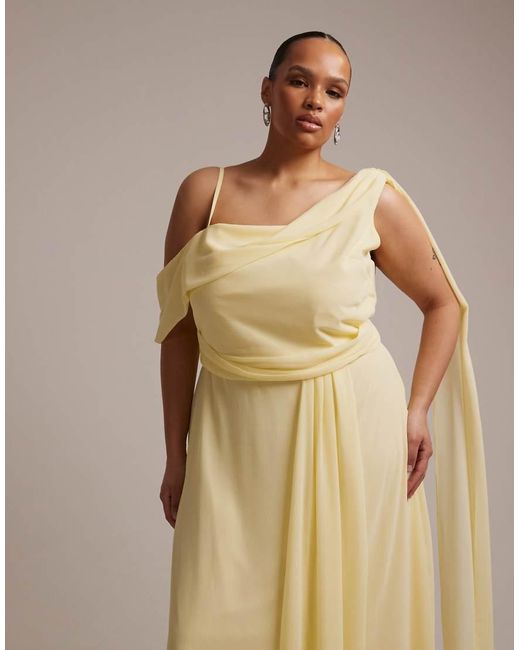 Tfnc Plus Metallic Bridesmaid Chiffon Fallen Shoulder Scarf Drape Detail Maxi Dress