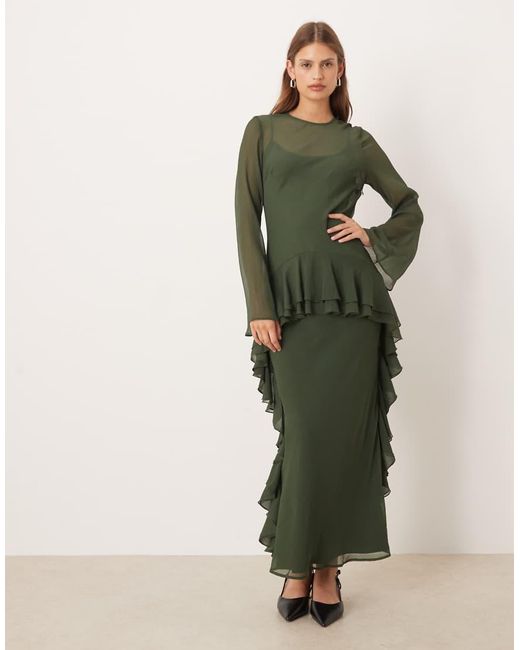 ASOS Green Long Sleeve Frill Hem Chiffon Maxi Dress