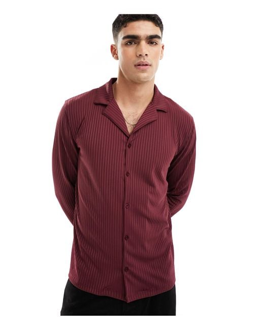 ASOS Red Long Sleeve Rib Jersey Shirt With Revere for men
