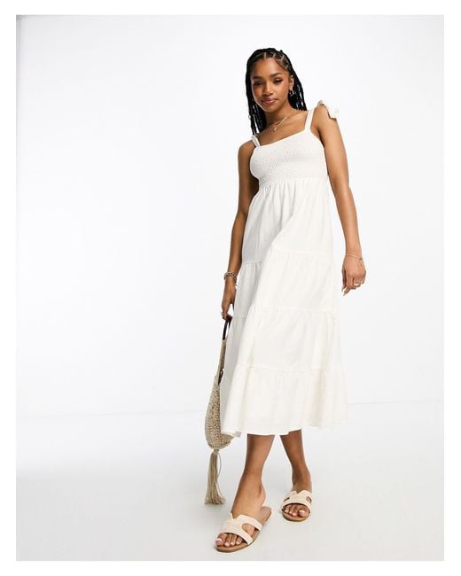 Miss Selfridge Linen Look Frill Strap Tiered Maxi Dress in White | Lyst