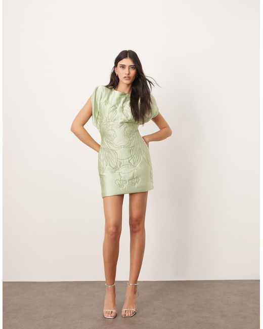ARRANGE Natural Embroidered Satin Quilted Mini Dress