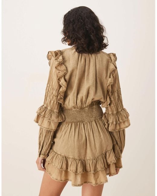 ASOS Brown Voile Mini Dress With Shirred Waist And Ruffle Hem