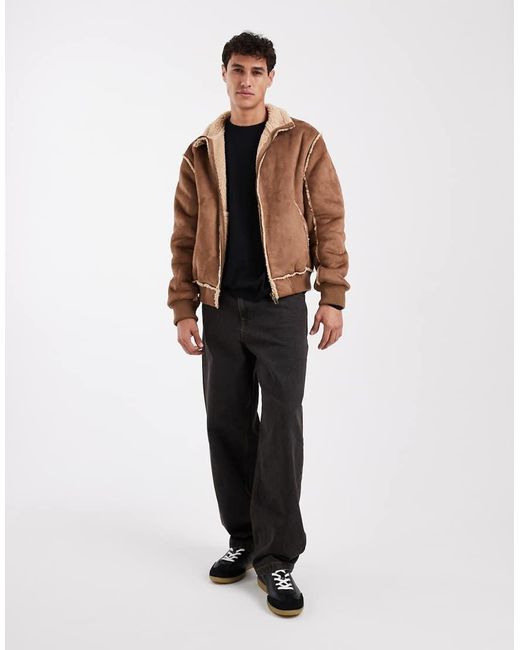 Cotton On Brown Faux Shearling Bomber Jacket for men