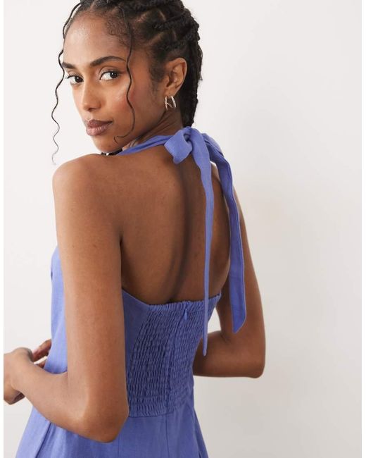 Mango Blue 100% Linen Halterneck Jumpsuit