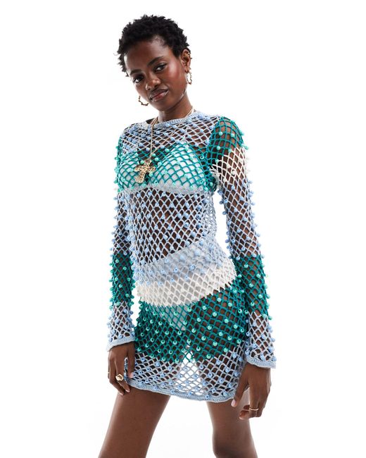 ASOS Blue Knitted Crochet Beaded Mini Dress