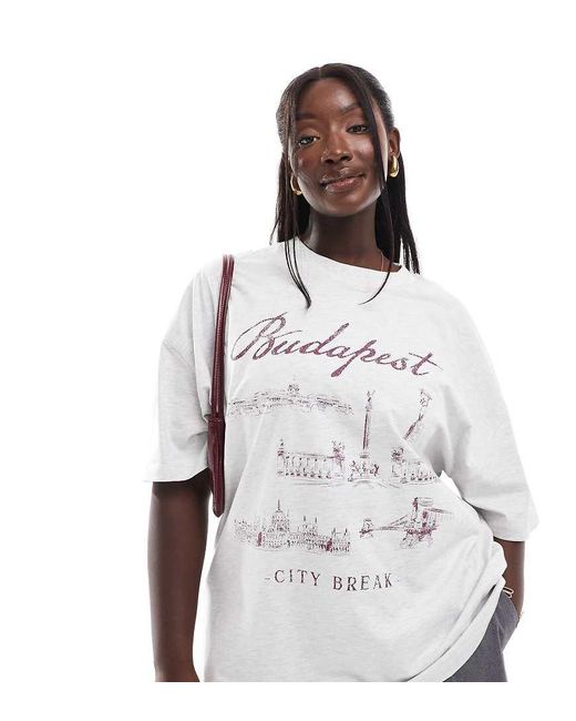 Camiseta Jaspeado Extragrande Con Estampado De Budapest De Asos Design Curve ASOS de color White