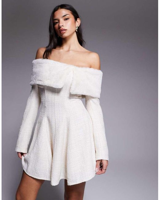 ASOS White Boucle Mini Dress With Faux-fur Trim