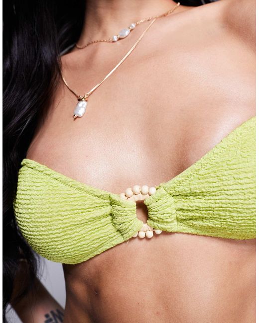 ASOS Green Bella Textured Bandeau Bikini Top With Beaded Ring Detail