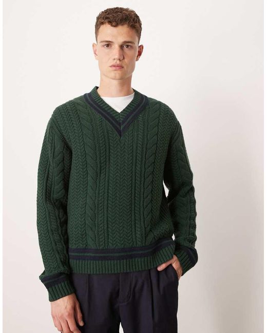 Abercrombie & Fitch Green Long Sleeve V Neck Stripe Detail Cable Knit Jumper for men