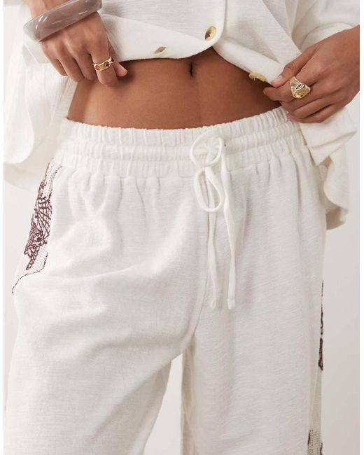 ASOS Natural Textured Jersey Wide Leg Trouser Co-ord With Shell Embroidery