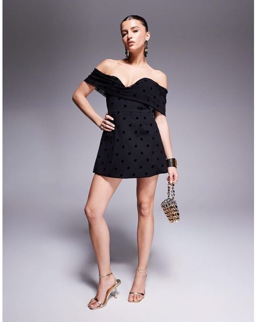 Murci Black Exclusive Polka Dot Mesh Bardot Plunge Neck Mini Dress