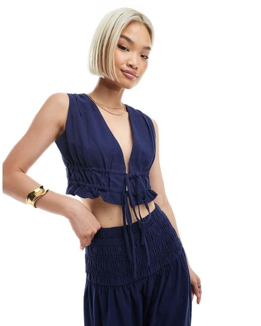 4th & Reckless Blue Linen Look Cropped Tie Front Waistcoat Co-ord