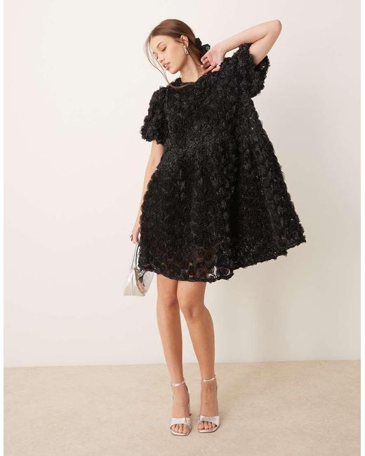 Y.A.S Black 3d Textured Rose Mini Smock Dress