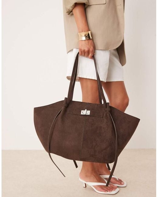 Gina Tricot Natural Faux Suede Medium Tote Bag With Strap And Clutch Detail