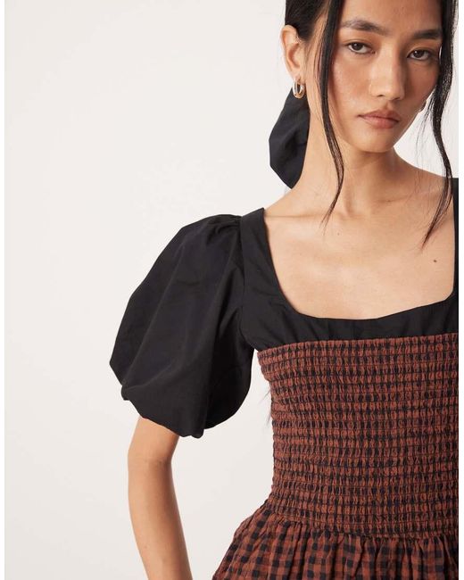 ASOS Brown Shirred Bodice Maxi Dress With Puff Sleeve