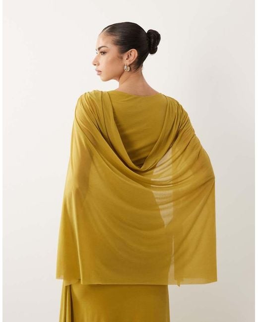 ASOS Yellow Stretch Chiffon Cape Detail Cowl Maxi Dress With Sash Detail