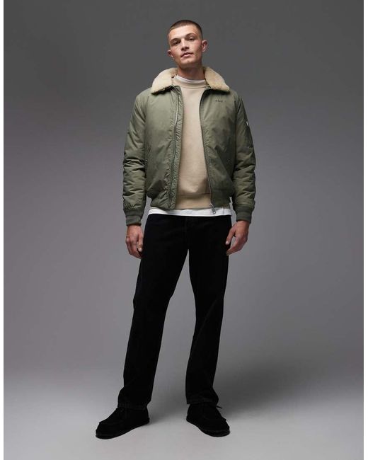Schott Nyc Gray Logo Patch Zip Pocket Detail Cropped Padded Jacket With Faux Fur Collar for men
