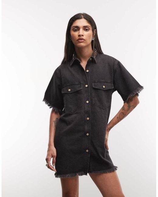 AllSaints Black Filou Short Sleeve Frayed Denim Mini Dress