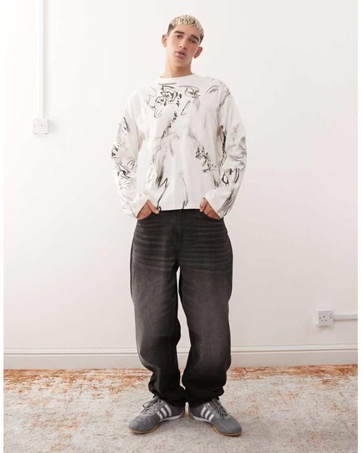 Weekday Recht Oversized T-Shirt Met Lange Mouwen En All-Over Schetsboekprint in het White voor heren