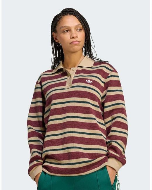 Adidas Originals Brown Stripe Knitted Polo Top