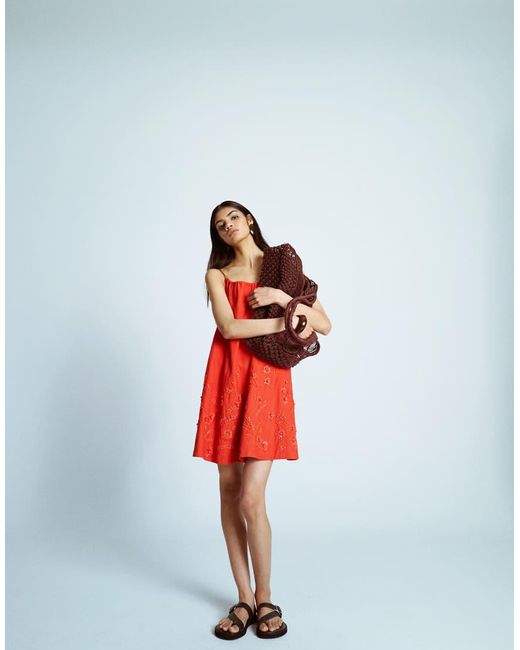 TOPSHOP Mini-Swingjurk Met A-Lijn En Raffia Borduursels in het Red