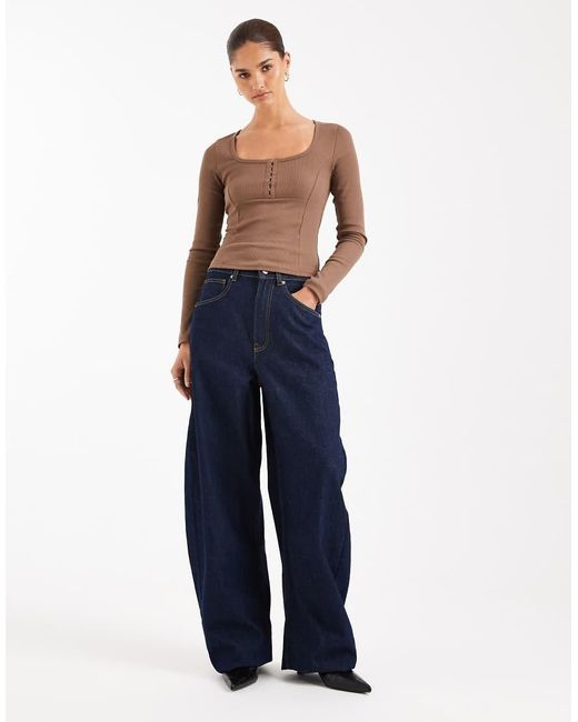ASOS Blue Scoop Neck Long Sleeve Top With Seam Detail