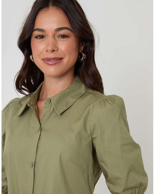 Threadbare Green Tiered Cotton Poplin Button Up Mini Dress