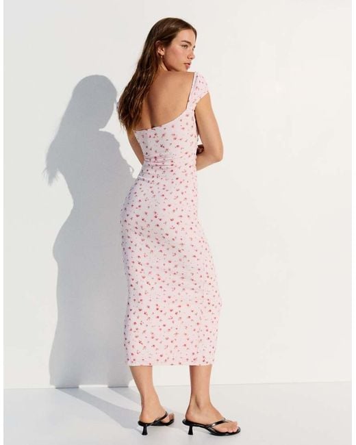 Bershka Pink Lace Crinkle Midi Dress