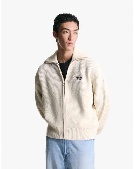 Bershka White Embroidered Textured Zip-up Sweatshirt for men